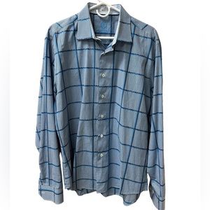 Bugatchi Uomo Blue Black White Square Long Sleeve Flip Cuffs Shirt Shaped‎ Fit L
